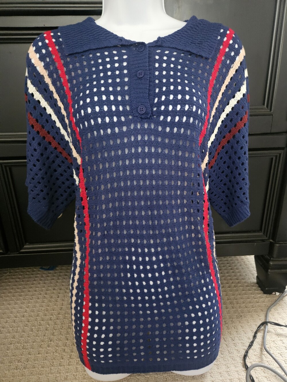 Dokotoo‎ Blue Open Knit Crochet Polo Sweater Top Coastal Preppy